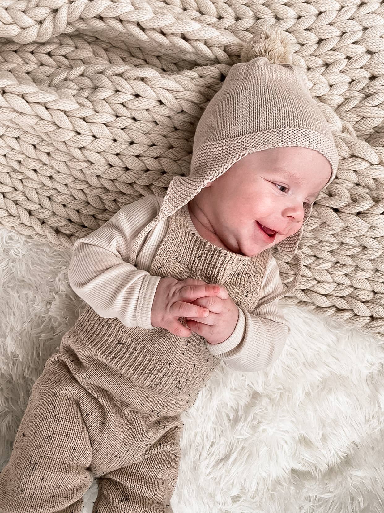 Almond Knitted Pom Pom Bonnet