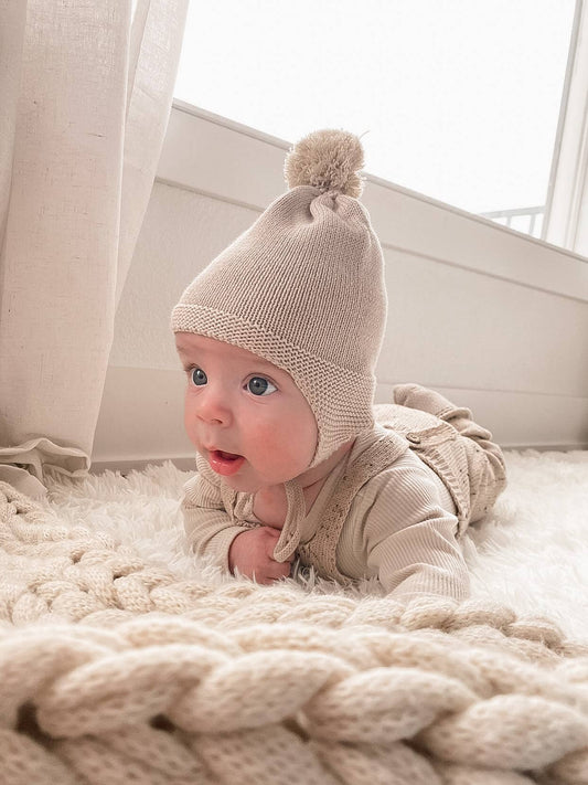 Almond Knitted Pom Pom Bonnet