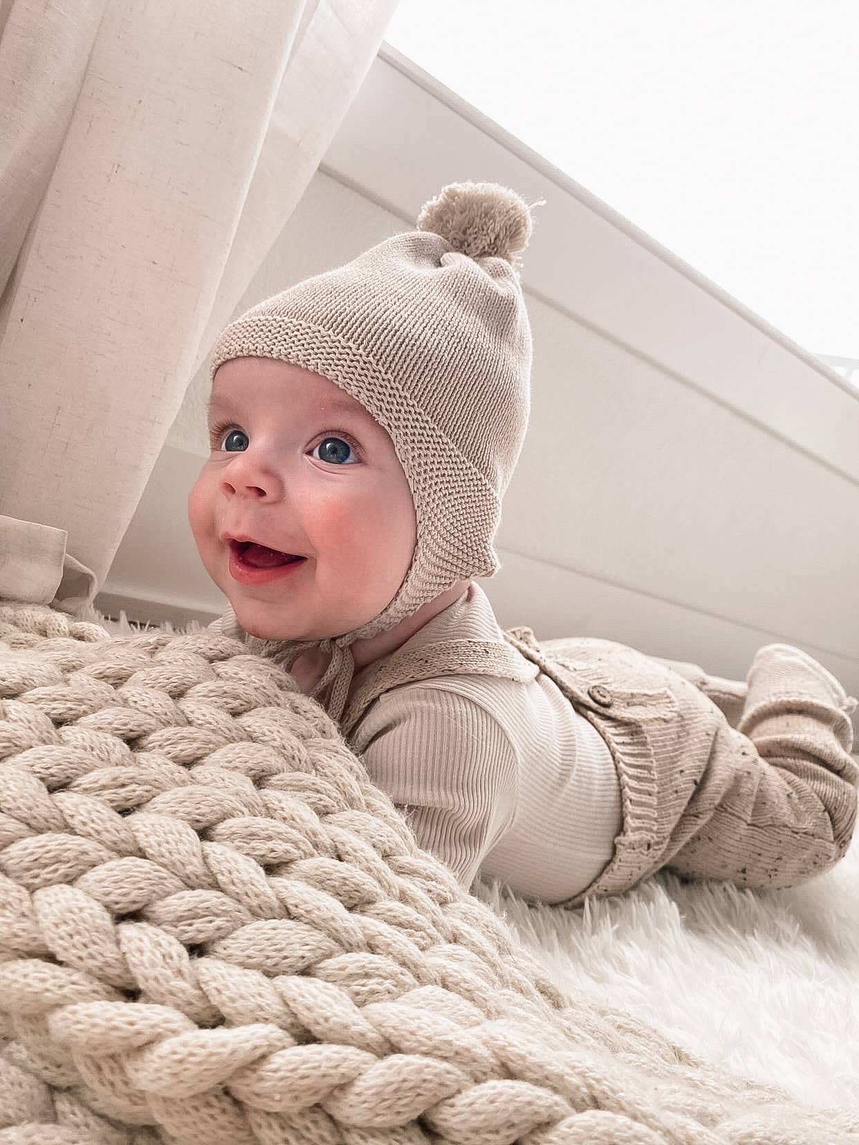 Almond Knitted Pom Pom Bonnet